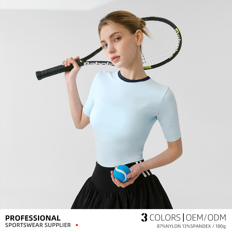 여름 새로운 스포츠 티셔츠 여성용 반팔 캐주얼 피트니스 요가 빠른 건조 슬림 탑 야외 러닝 테니스 옷