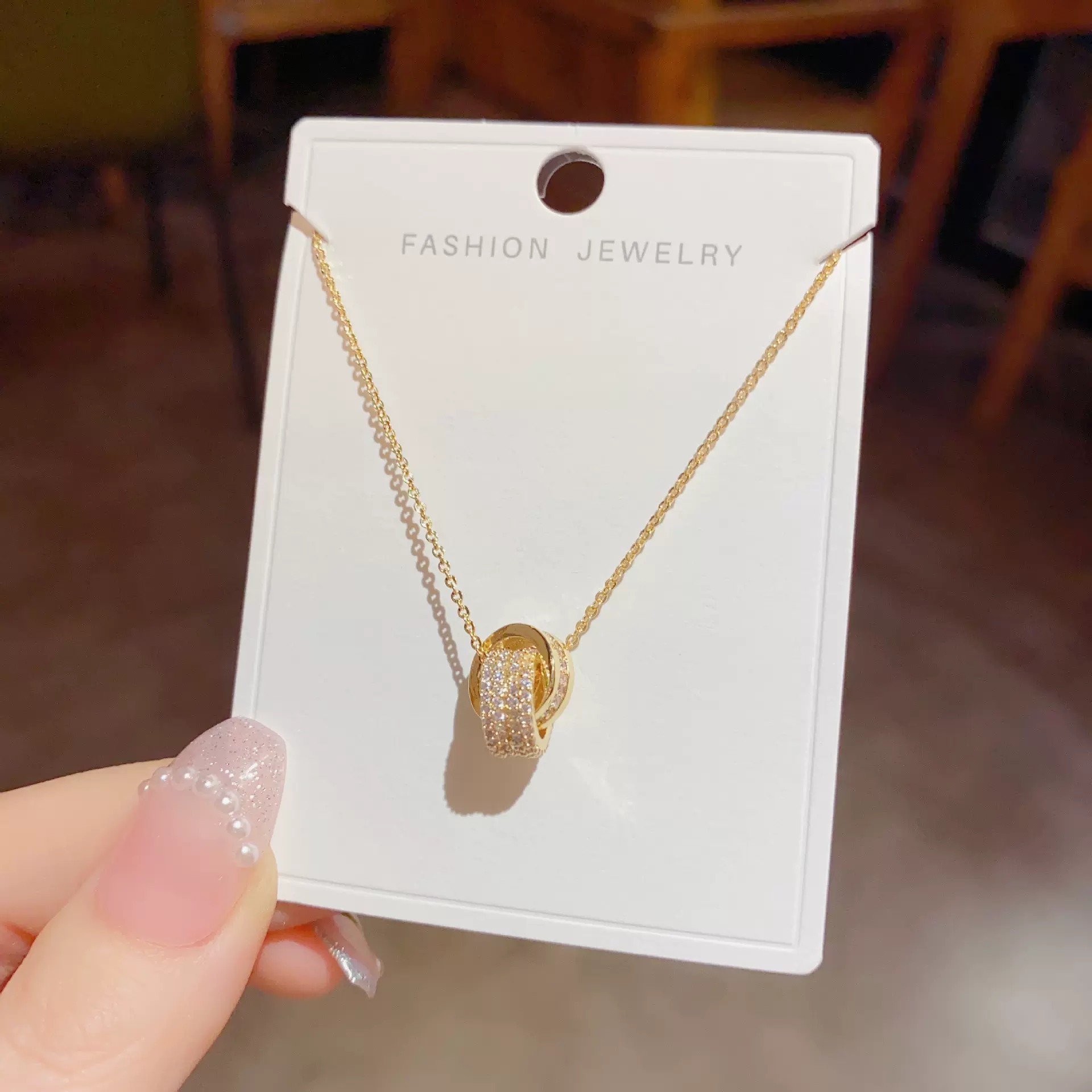 铜镀真金吊坠时尚轻奢满锆四排双环项链小众简约高级感配饰工厂价