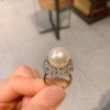 Ring from pearl, beads, adjustable accessory, with gem