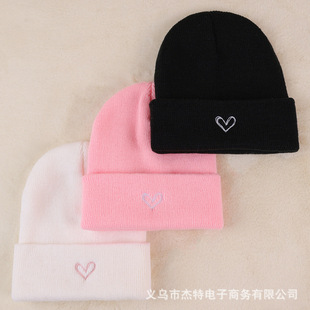 Ins Autumn and Winter New Heart Embroidered Pure Color Kidsren's Woolen Hat Baby Thickeneded Warm Versatile Knitted Hat