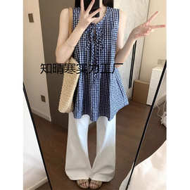 通勤休闲设计感撞色格子系带无袖背心女夏季小众减龄百搭上衣