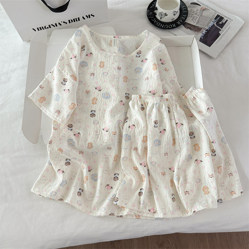 Transfronterizo al por mayor pijamas de algodón nubes de dibujos animados ropa de casa de mujer chaqueta manga corta pantalones cortos set set de cuello redondo set de dos piezas