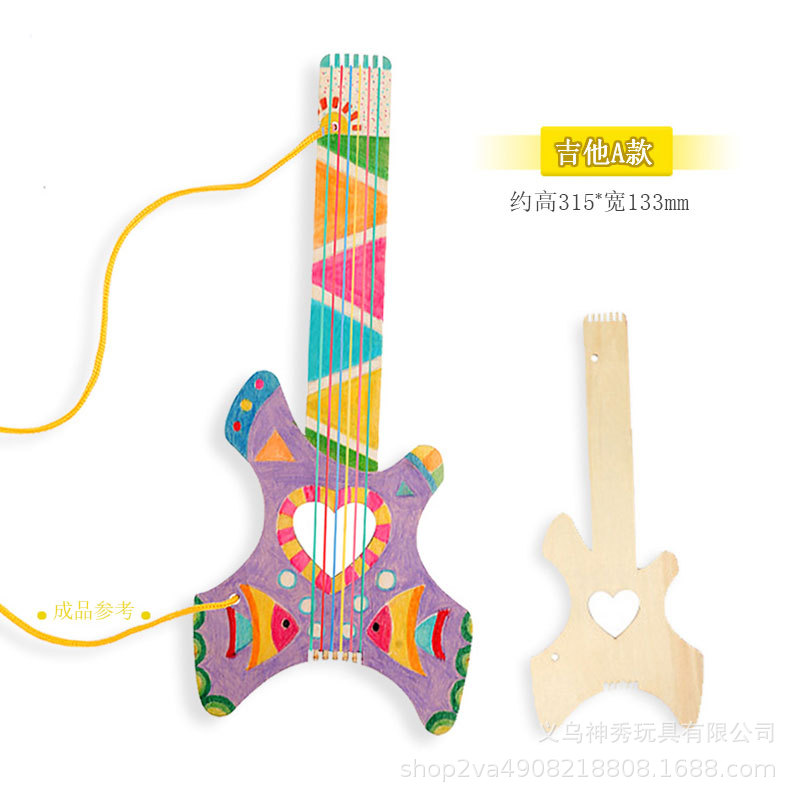 1 niños hechos a mano DIY pintura graffiti blanco en blanco guitarra de madera kindergarten instrumento musical casero pipa material creativo paquete
