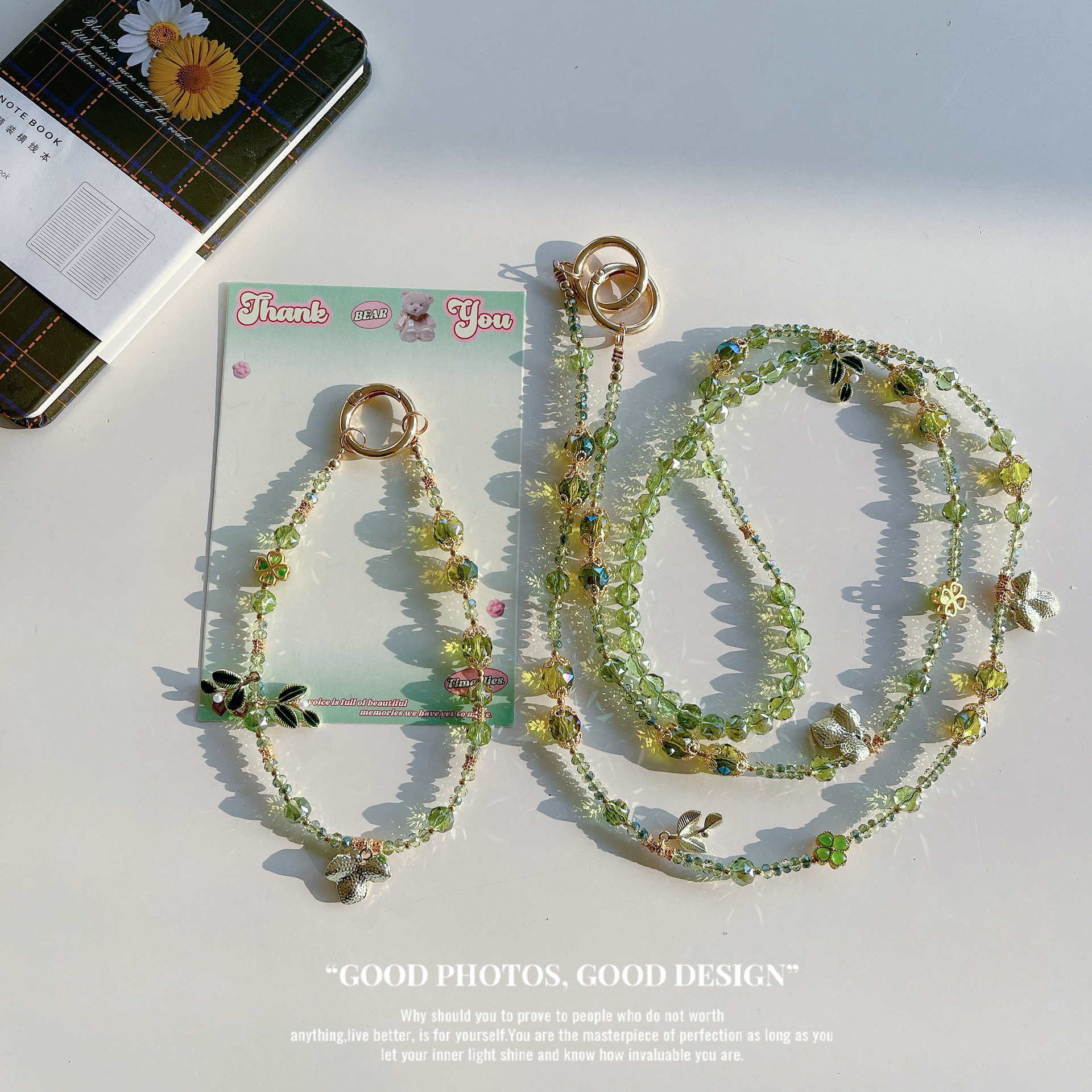 Boutique hecho a mano de alta gama para teléfono móvil cadena larga de hoja verde de aleación cordón de teléfono móvil de moda colgante de mensajero largo