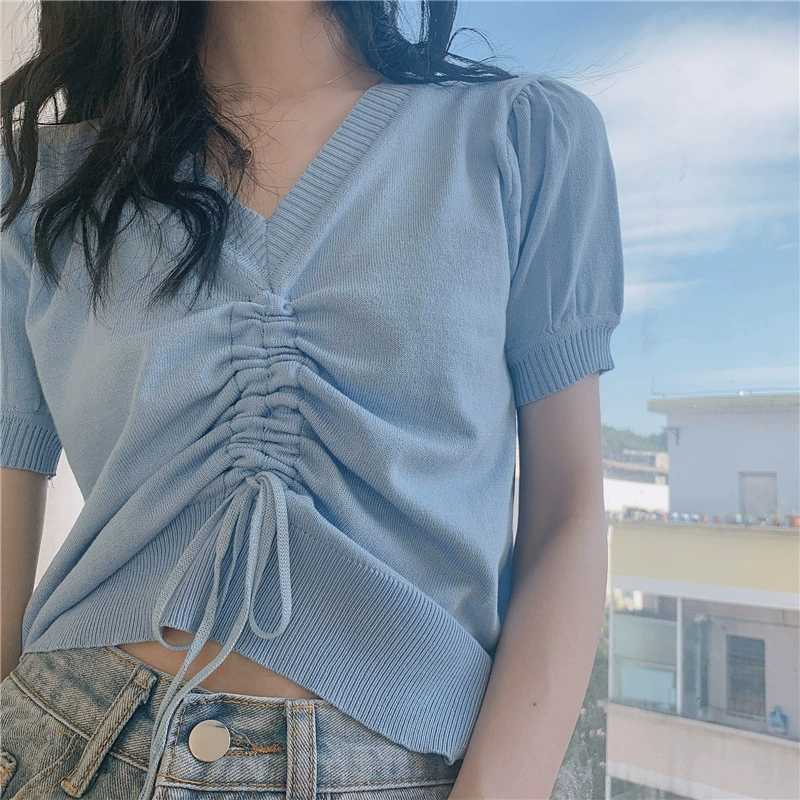 Knitted sweater, T-shirt, drawstring, puff sleeves
