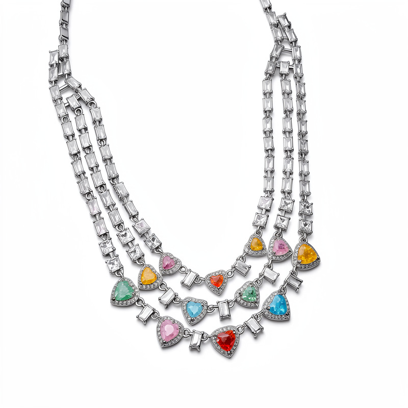 Collar multicapa de zircon de color cuadrado en forma de corazón ligero de lujo nicho de alta calidad accesorios de vacaciones collar de clavícula