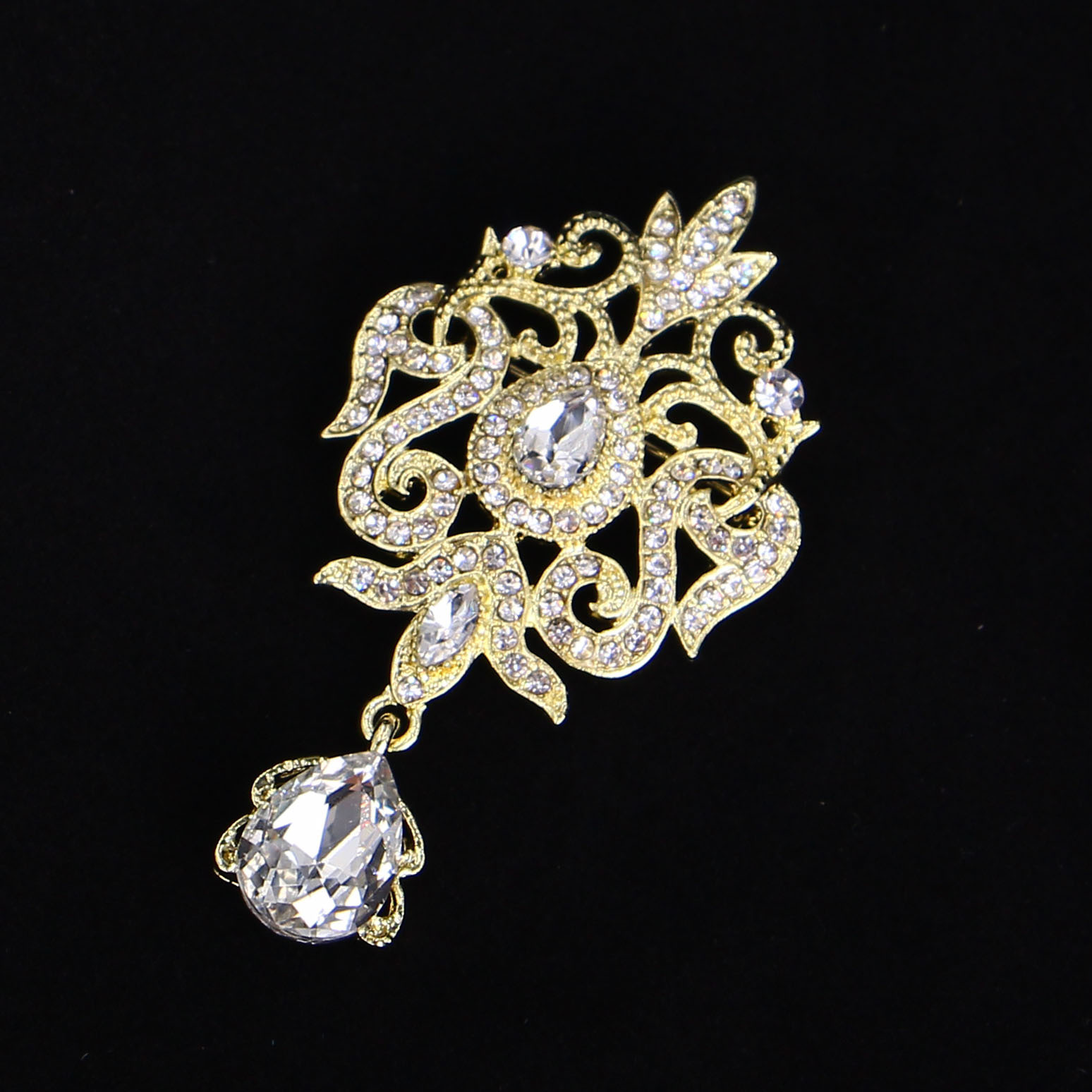 Floral Crystal Glass Crown Brooch For Women Elegant Water Drop Pin_voghion.com