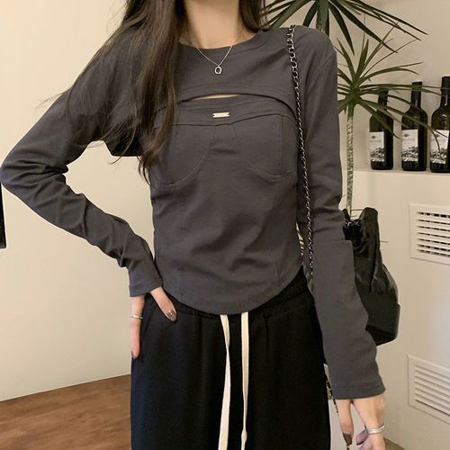 Age-defying versatile pure desire niche long-sleeved round-neck early autumn short-sleeve women's innerwear two-piece faux wrap-inset Instagram trending base shirt