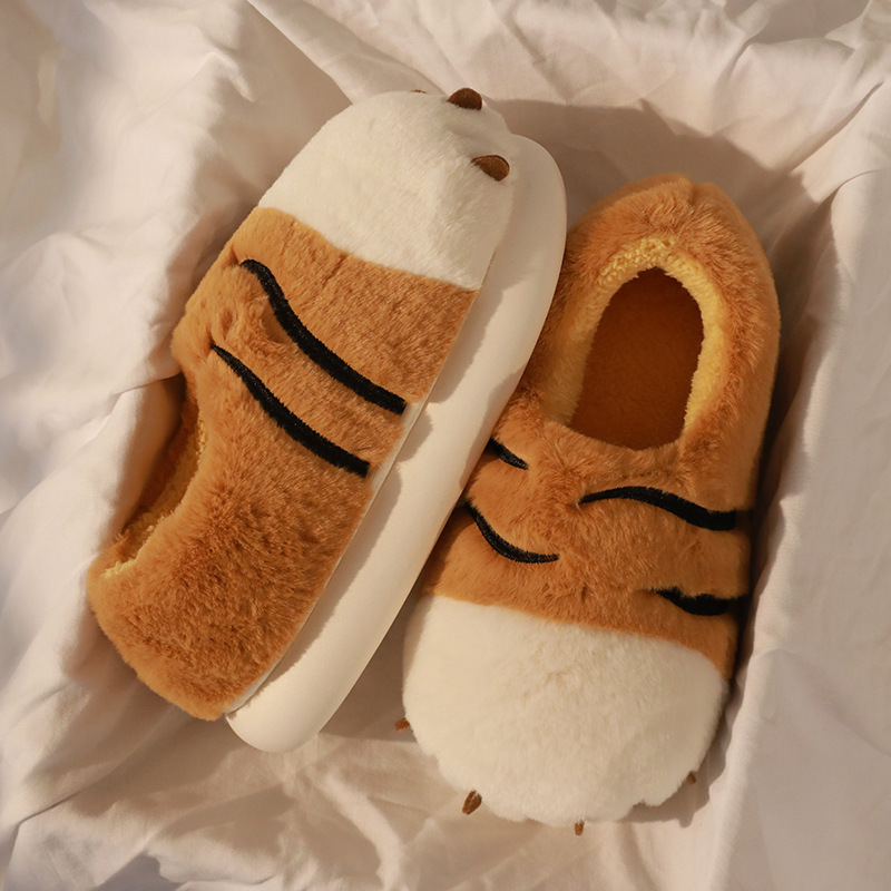 Zapatillas de algodón de garra de tigre de invierno para mujeres nuevas parejas de interior estudiantes antideslizantes calentamiento zapatillas de peluche de invierno dibujos animados