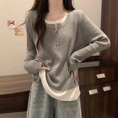 灰色假两件长袖衫女秋冬季新款宽松洋气减龄内搭打底衫上衣学生潮