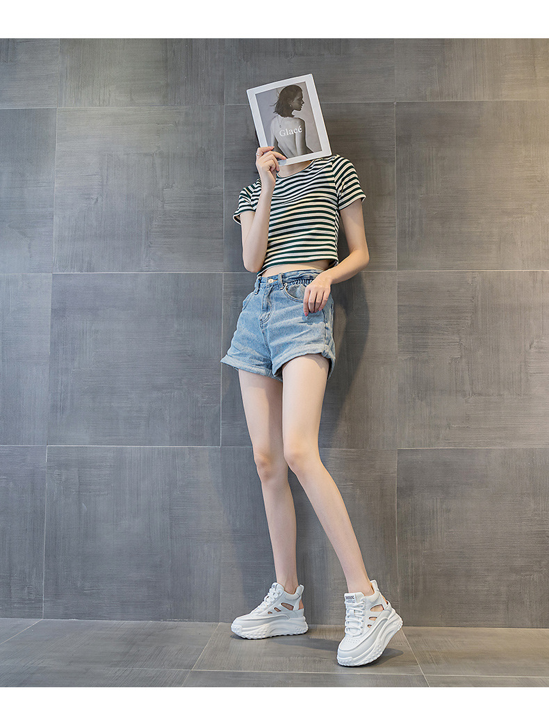 Giày sneaker nữ da thật đế dày phong cách bố mùa hè 2025 nhẹ tăng chiều cao — M2357 màu hồng, M2357 màu xanh lá cây, M2357 màu trắng chi tiết 11