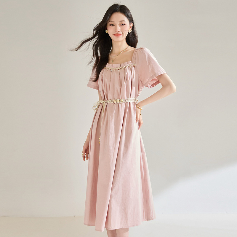 Shenghong Clearance Sale: New Summer Pink Shell Ribbon Pleated Tencel Cotton Dress Bohemian Style 18832