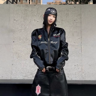 美式高街机车皮衣夹克女春季款重磅刺绣赛车服外套宽松hiphop上衣