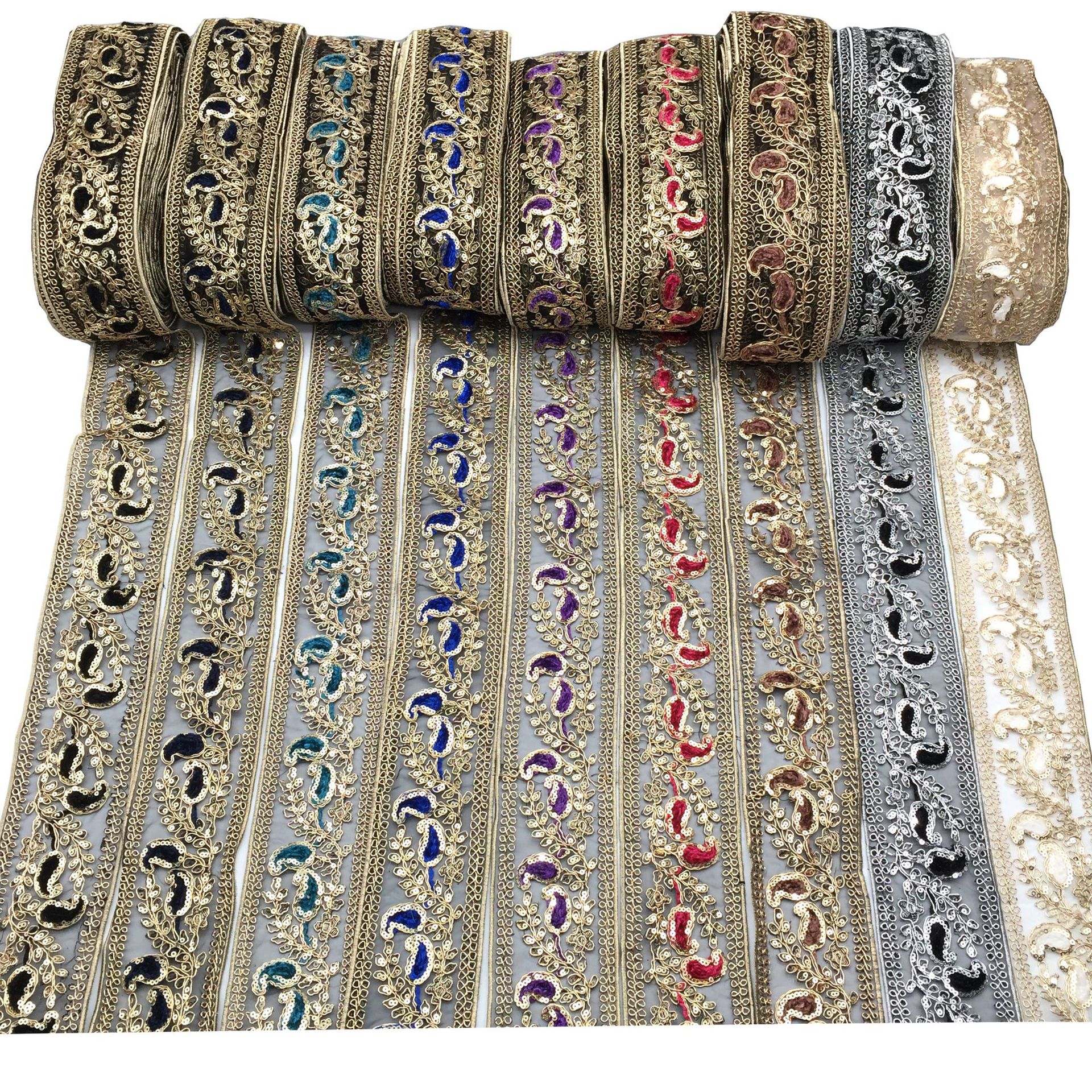 复古民族股线刺绣花边 珠片织带花边 民族风服装辅料刺绣花边批发