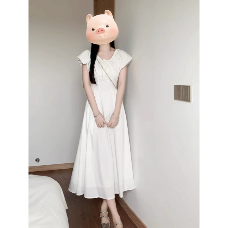 初恋白いスカートフレンチパフスリーブドレス女性の夏の2025新しいスタイルの小さなハイエンドロングスカート|undefined
