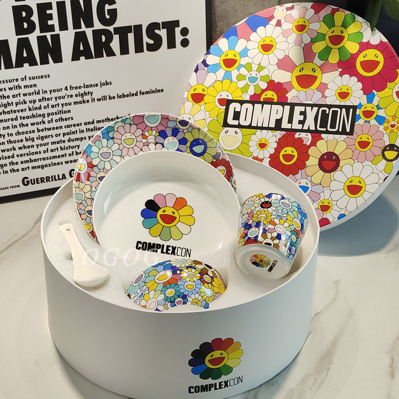 Murakami Sunflower Bone China Western Dinner Plate, Bowl and Spoon Five-Piece Set Cross-Border Sunflower Cartoon Pattern Cute Ceramic Tableware