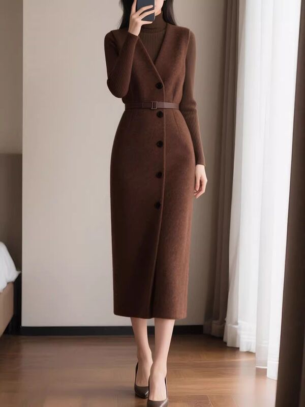 Mid-Length Woolen Dress, Spring and Autumn Style, Vest Dress, Elegant and Slimming, Two-Piece Dress Set