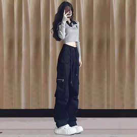 美式口袋高腰工装裤女春夏季宽松阔腿气质休闲百搭直筒拖地休闲裤