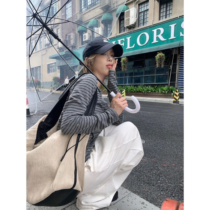 【原版面料】条纹拉链长袖连帽开衫外套女夏季短款防晒罩衫灰色|undefined