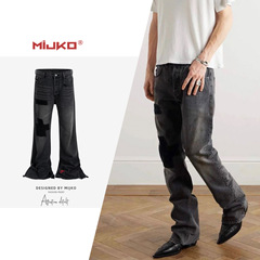 MIJKO メンズ レディース コーデュロイ パッチ デストロイ ジーンズ 男女同型 アメリカン ウィスカー マイクロフレア ワイドパンツ