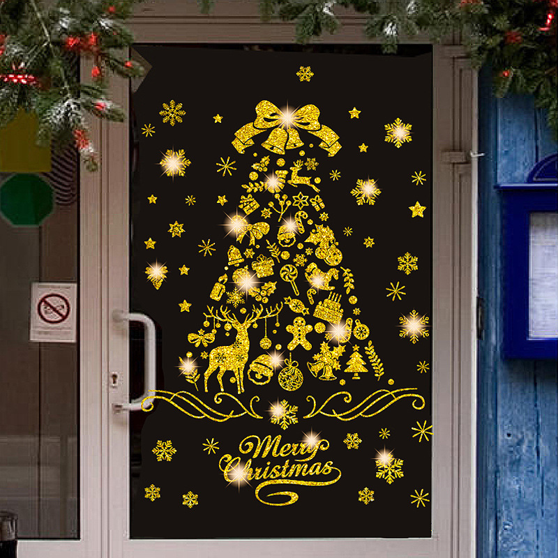 クリスマス装飾シール粉をまいて金色のクリスマスツリーを飾って静電気ガラスの窓を描いて雪の扉を貼って貼ります。|undefined