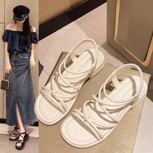 2025 Summer New Flat Sandals for Women, External Wear with Elastic Band, Ankle-Crossing Soft Sole, Student Casual Sandals for Wholesale