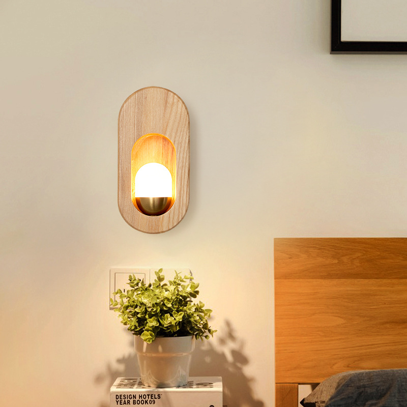 Nordic creative wooden wall lamp personalized Japanese style living room TV wall lamp aisle balcony wall lamp bedroom bedside lamp