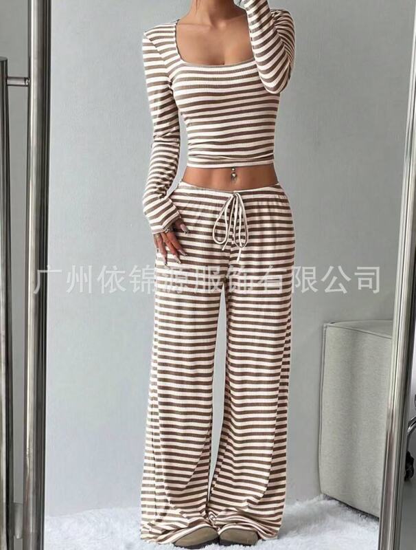 欧美跨境外贸女装2025秋季新款条纹针织修身显瘦套装|undefined