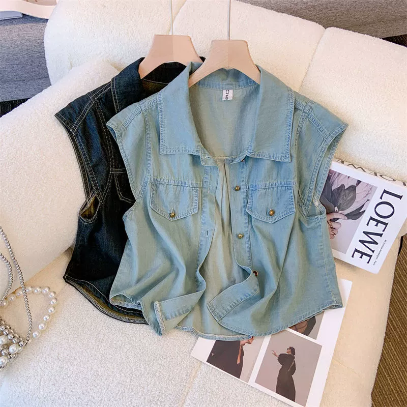 В гонконгском стиле джинсовый жилет пальто женская летняя тонкая маленькая верхняя куртка без рукавов жилет короткий топ