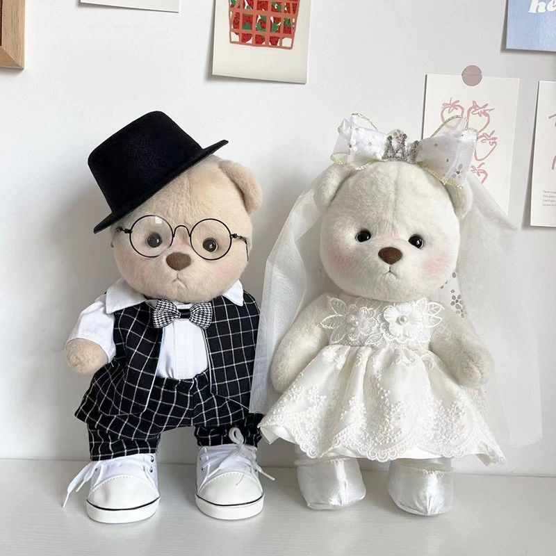 Medium Lina Jointed Bear Wedding Teddy Bear Couple Set Black Checkered Suit Crown Wedding Dress