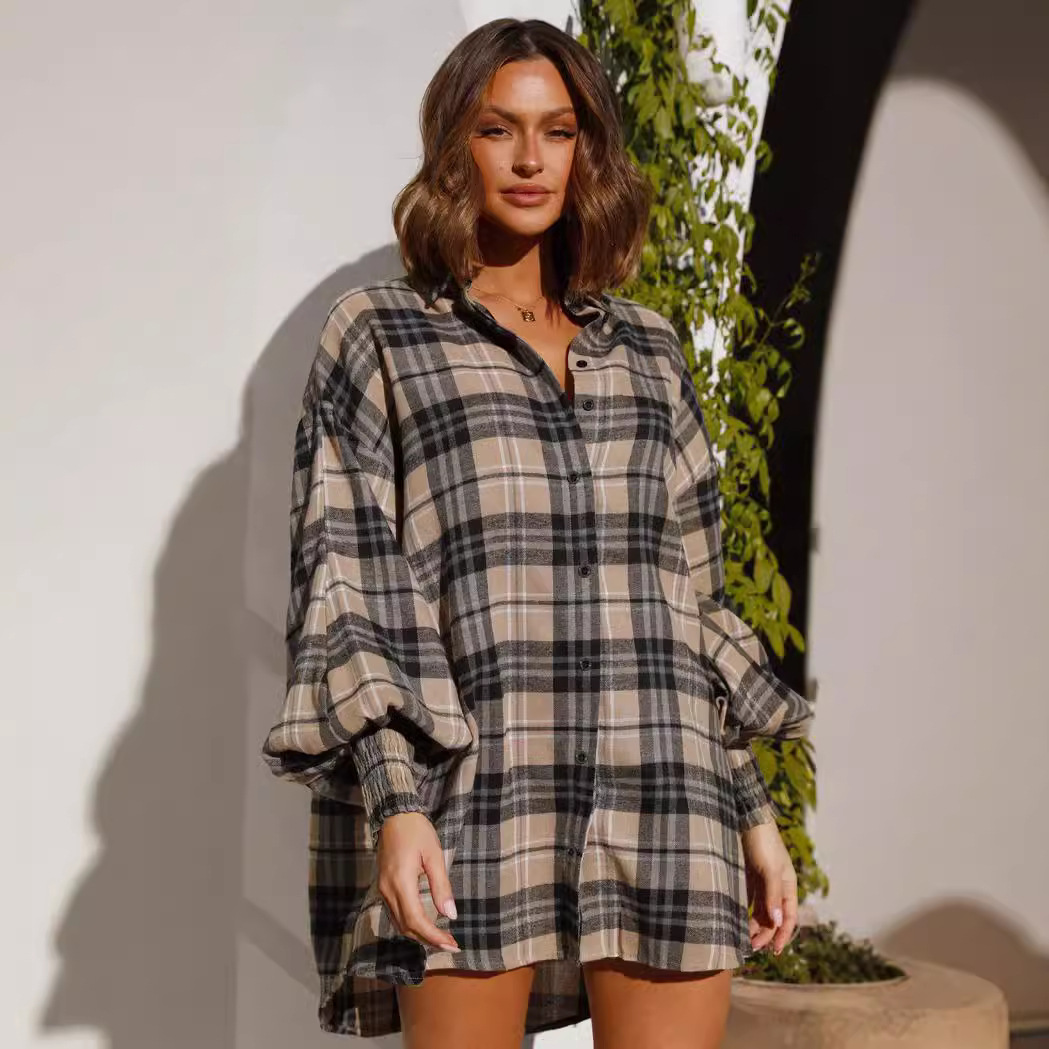 Moda casual 25 años de comercio exterior europeo y americano transfronterizo Amazon otoño e invierno camisa de manga larga con mangas de linterna a cuadros 22120