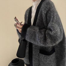 老钱风深灰色混织V领大毛衣开衫慵懒高级感宽松针织外套2025秋季