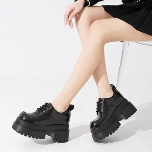 2025 Spring New European and American Platform Thick-Soled Women's British Style Round-Toe Lace-Up Height-Increasing Versatile Small Leather Shoes