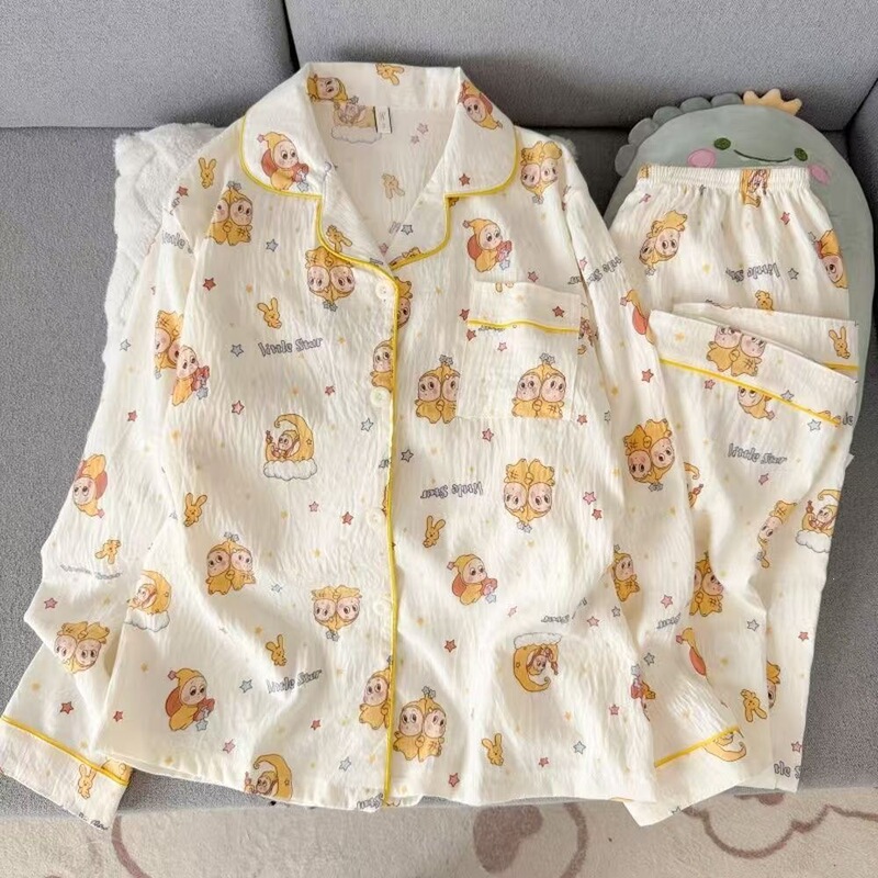 Star cartoon pajamas, spring and autumn long-sleeved set, moon-themed, sweet and stylish, high-quality girls' loungewear with a turn-down collar