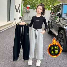 女童裤子棉秋冬宽松百搭儿童马裤加绒一体绒拼接设计感休闲裤女童