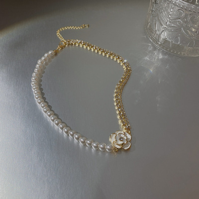 韩国东大门山茶花项链个性轻奢珍珠复古吊坠设计感小众百搭锁骨链|ru