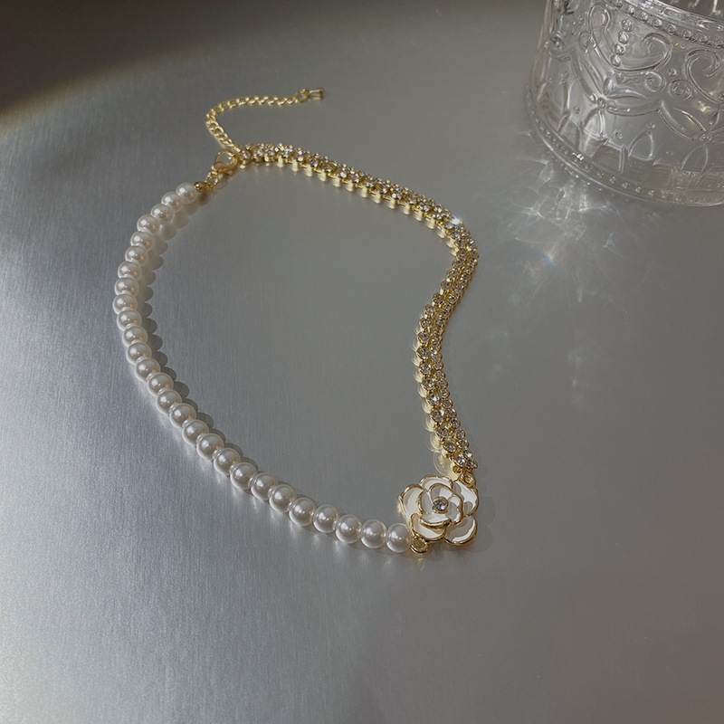 韩国东大门山茶花项链个性轻奢珍珠复古吊坠设计感小众百搭锁骨链|ru