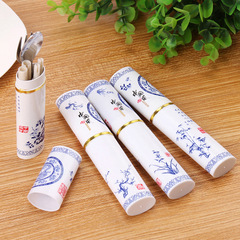 Stainless steel portable cutlery set of three, foldable Chinese-style pen holder tableware set, gift tableware with logo printed