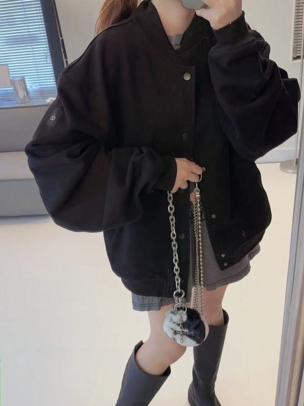 alo欧美秋冬棒球服外套女休闲长袖软质扣前扣罗纹袖口夹克呢子|undefined