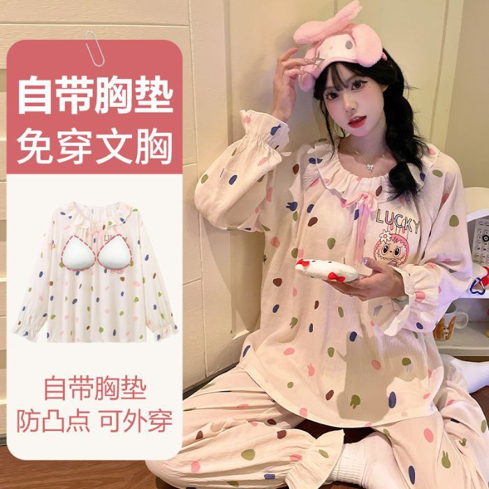 Pijamas al por mayor transfronterizos otoño nuevo estilo francés nubes de algodón cinturón almohadilla de pecho dulce borde de loto ropa de hogar para estudiantes