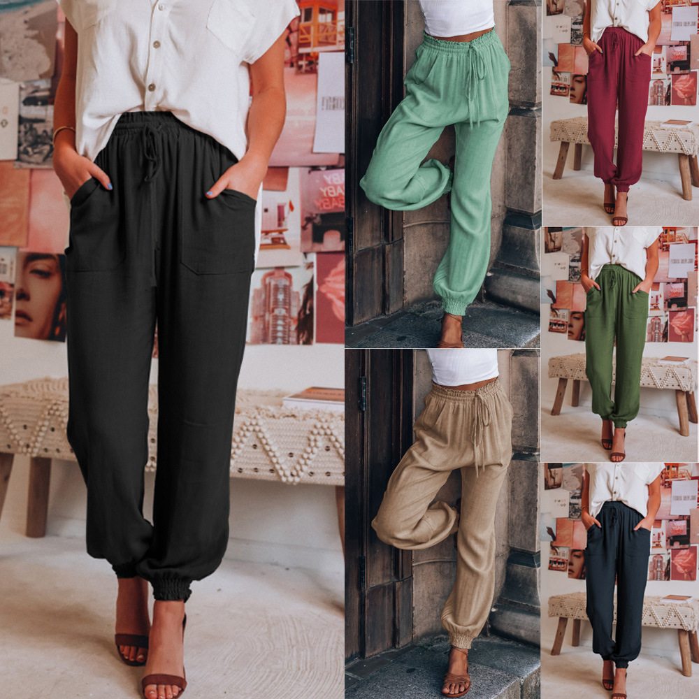 2024 cross-border spring and summer women's clothing solid color rayon comfortable casual pants European and American fashion drawstring elastic waist harem pants