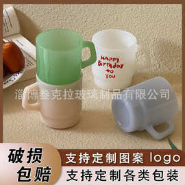 印刷图案中古咖啡杯耐热牛奶杯奶玉马克杯复古家用带把白色玻璃杯