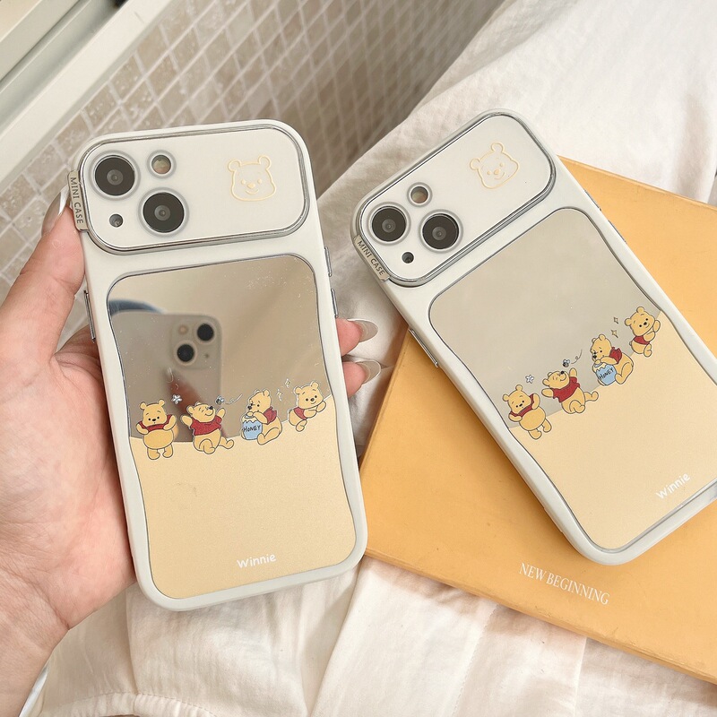 Mirror Cute Winnie the Pooh Suitable for Iphone16Promax15 Mobile Phone Case Apple 1413 with Lens Film Cartoon