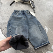美式男童冬款复合一体绒加厚牛仔裤儿童复古蓝宽松直筒保暖长裤潮