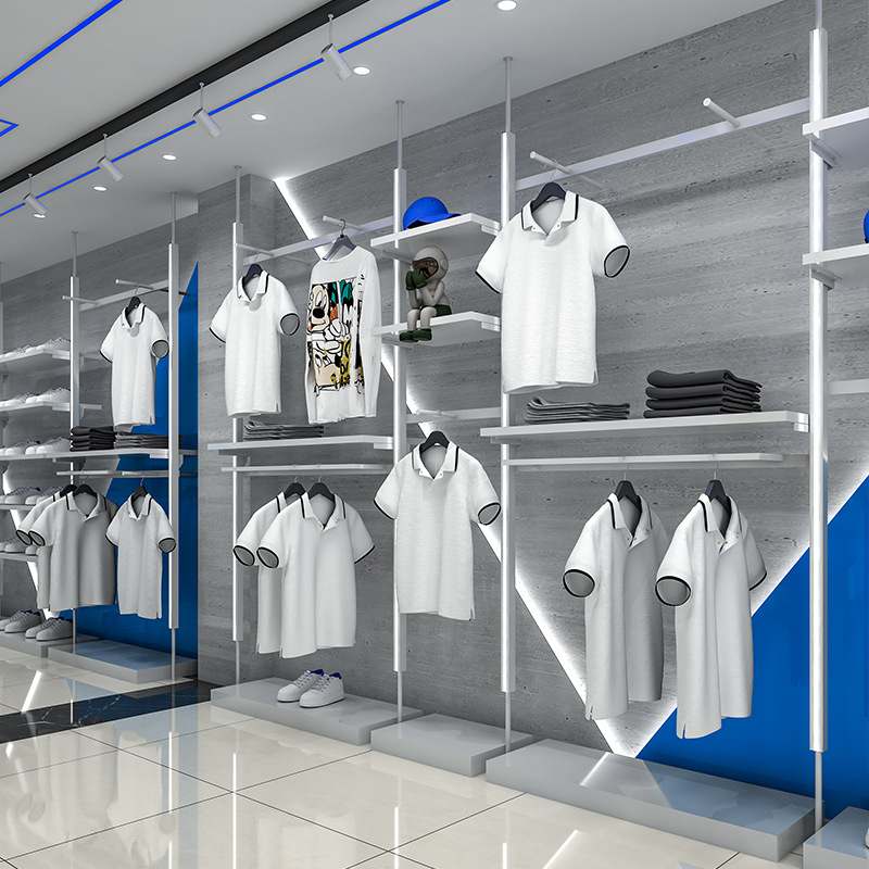 Estante de exhibición especial para tienda de ropa de pared superior, estante de exhibición colgante con columna de luz, estante de exhibición de tienda de ropa de hombre