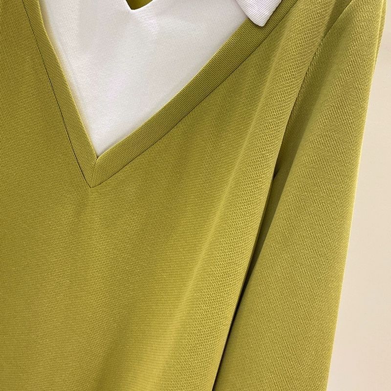 Plus Size Layered Polo Shirt – Slimming Long Sleeve Mock Two-Piece Top For Women (Green/Black, L-4XL, Up To 300lbs)_ecoleips.com