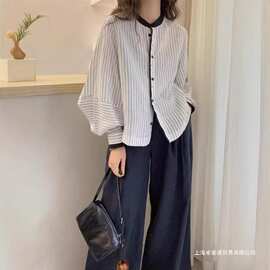 感轻奢长袖条纹衬衫2026夏新款大码女装胖mm薄款遮肉衬衣上衣