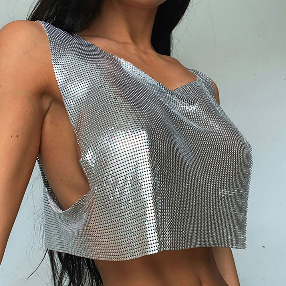 2024夏季跨境爆款时尚欧美女装金属一字领无袖T恤个性辣妹短上衣