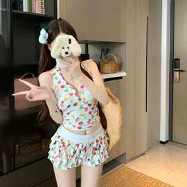新款分体泳衣女性感遮肚显瘦防走光安全裤水果印花温泉度假游泳装