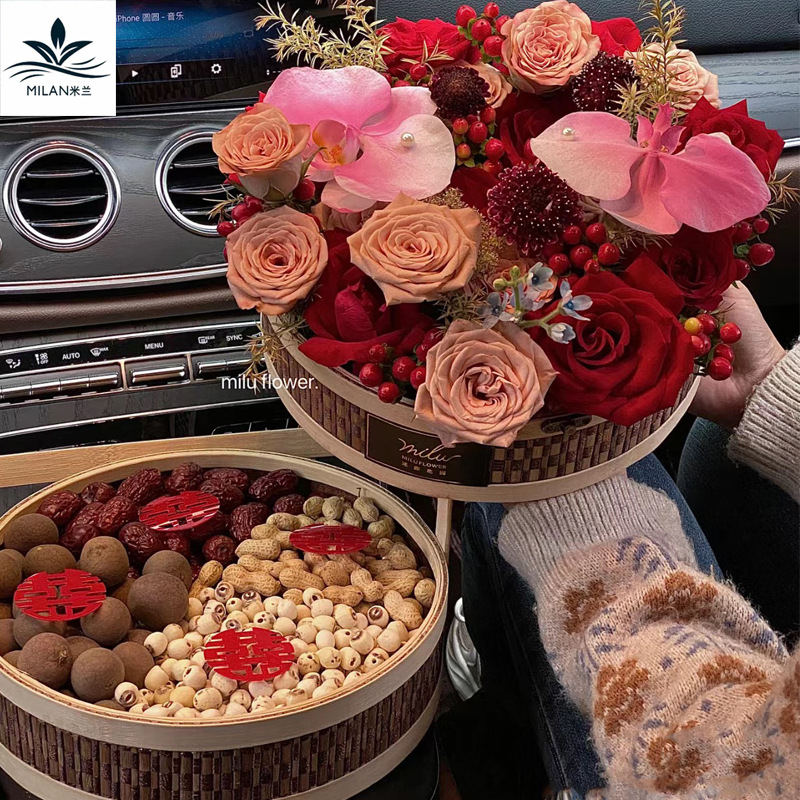 Nuevo estilo chino de bambú de doble capa de mano cesta de flores tejida a mano cesta de arreglos florales cesta de frutas de embalaje